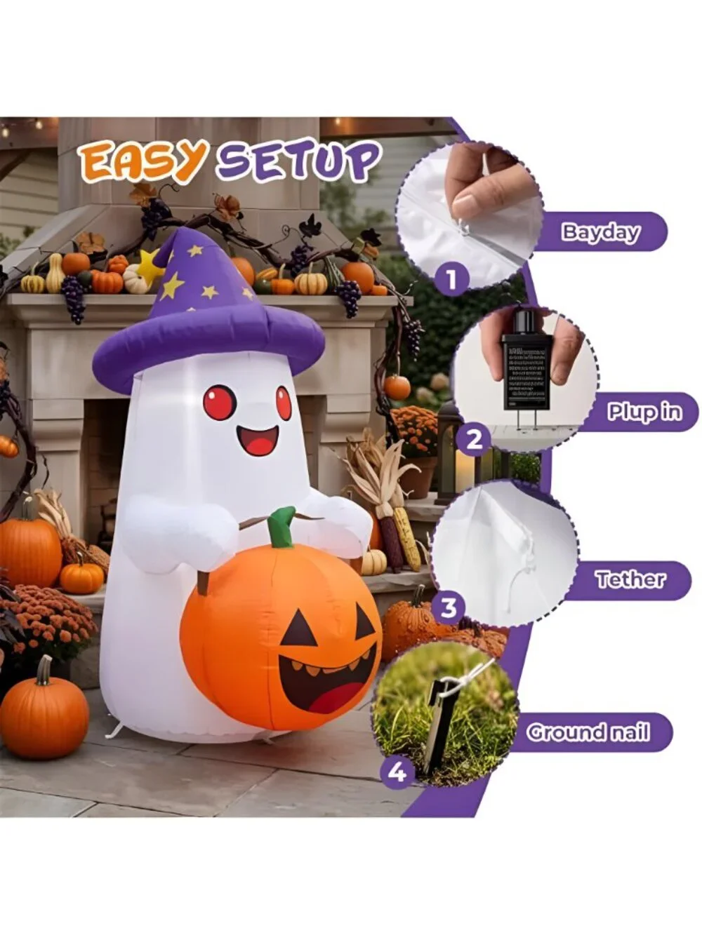5 FT Halloween Inflatables Decor, Cute Inflatable Ghost with Pumpkin, Built-in
